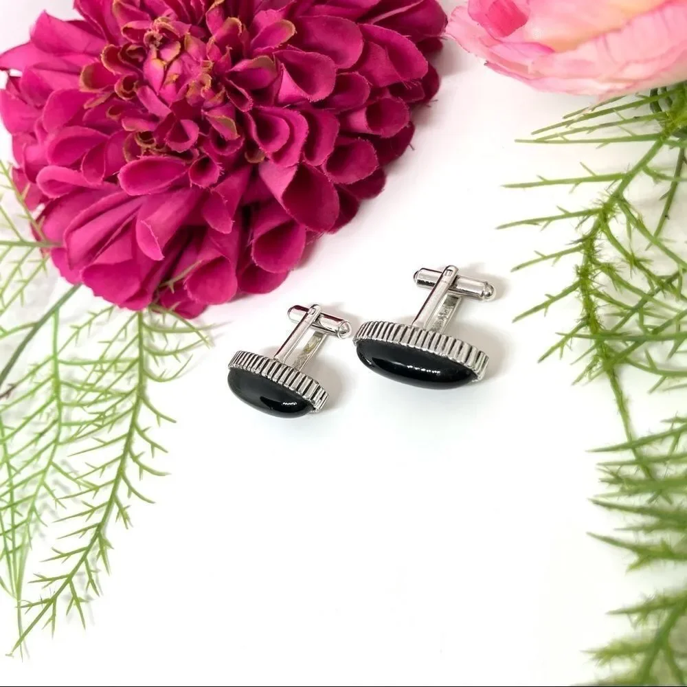 VINTAGE⚜️CUFF LINKS Black Acrylic Detailed Edging - Art Deco Style